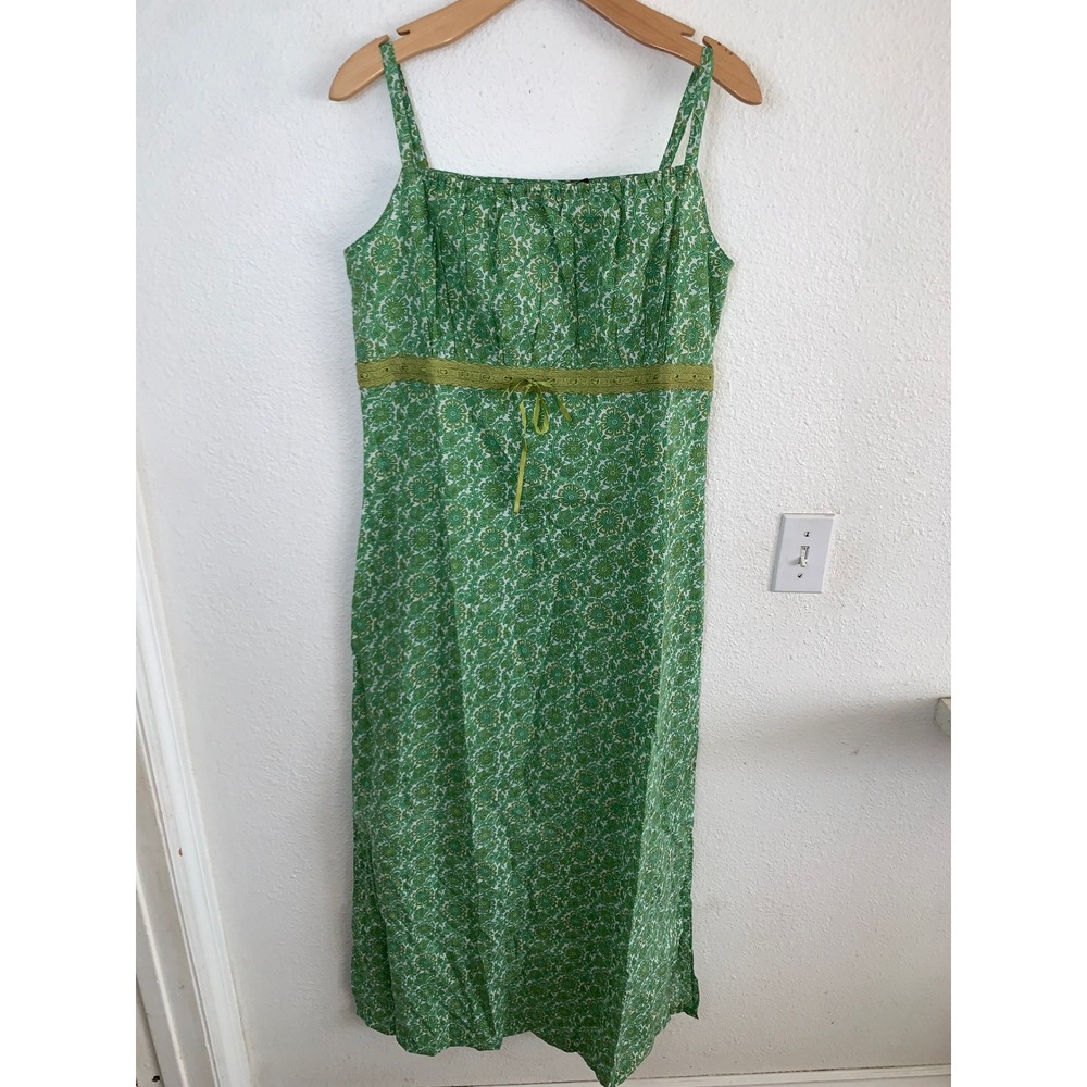 vintage Funky People Green Floral Paisley Print Cotton Maxi Dress L Light Weight